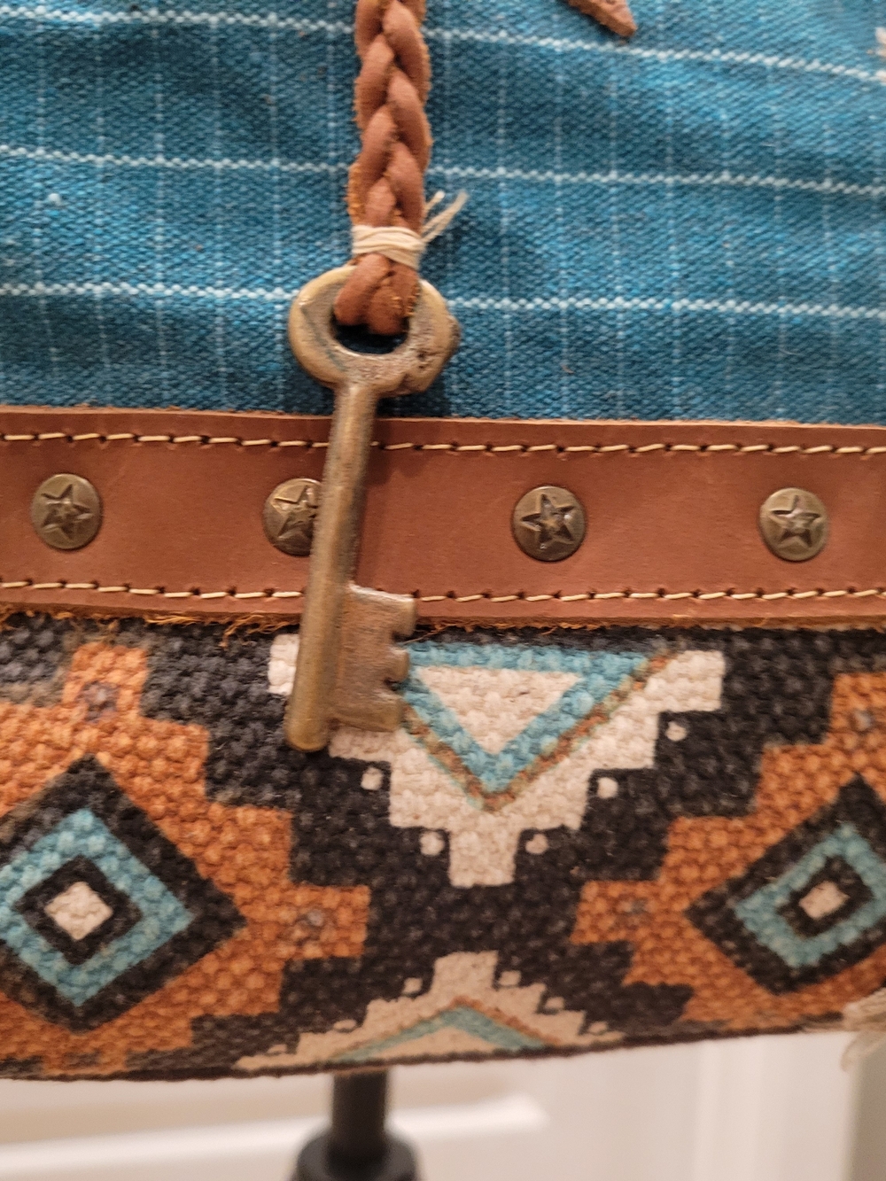 Myra Bag Blue and Brown Patchwork Crossbody Bag - Picture 2 of 7